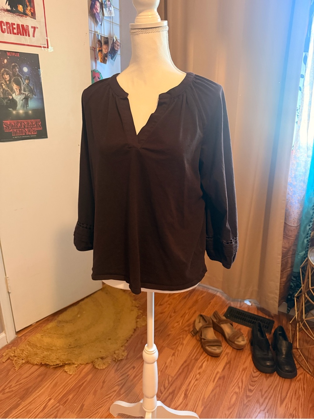Women's Brown Split-Neck Long Sleeve Top